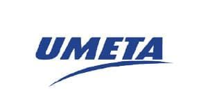 Ein blau-weißes Logo für Umeta auf weißem Hintergrund.