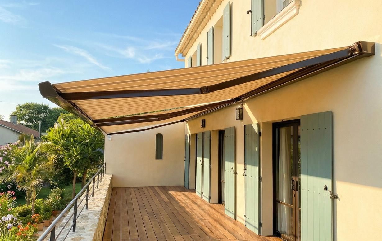 Balcon ensoleillé avec terrasse en bois, façade beige, portes vitrées et vue sur jardin verdoyant
