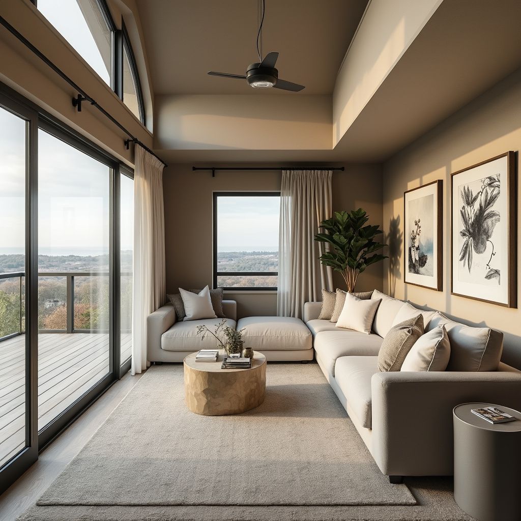 Salon moderne aux couleurs neutres, avec de grandes fenêtres, un canapé d'angle et une table basse.