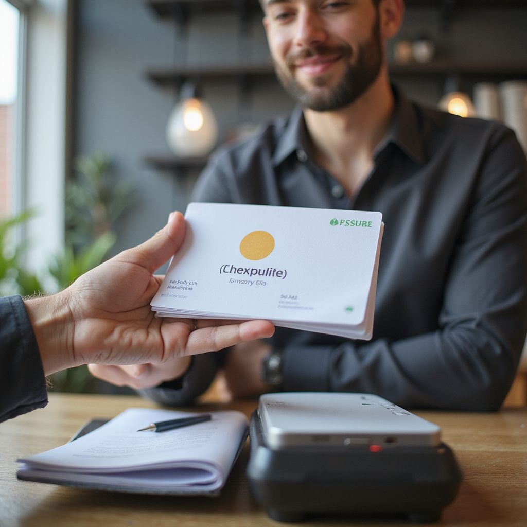 Une personne tend un paquet de cartes à une autre personne par l'intermédiaire d'un appareil posé sur une table.