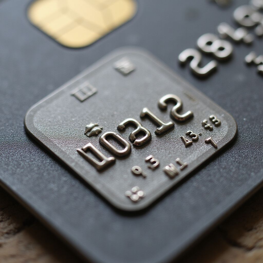 Gros plan sur une carte gris foncé avec une puce argentée intégrée et les numéros en relief 10312 et 281.