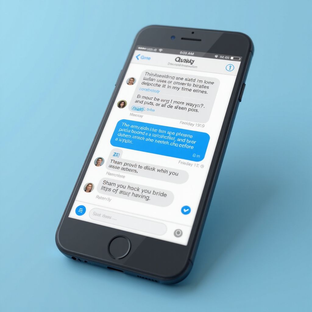 Smartphone avec une application de messagerie ouverte, affichant une conversation sur fond bleu.