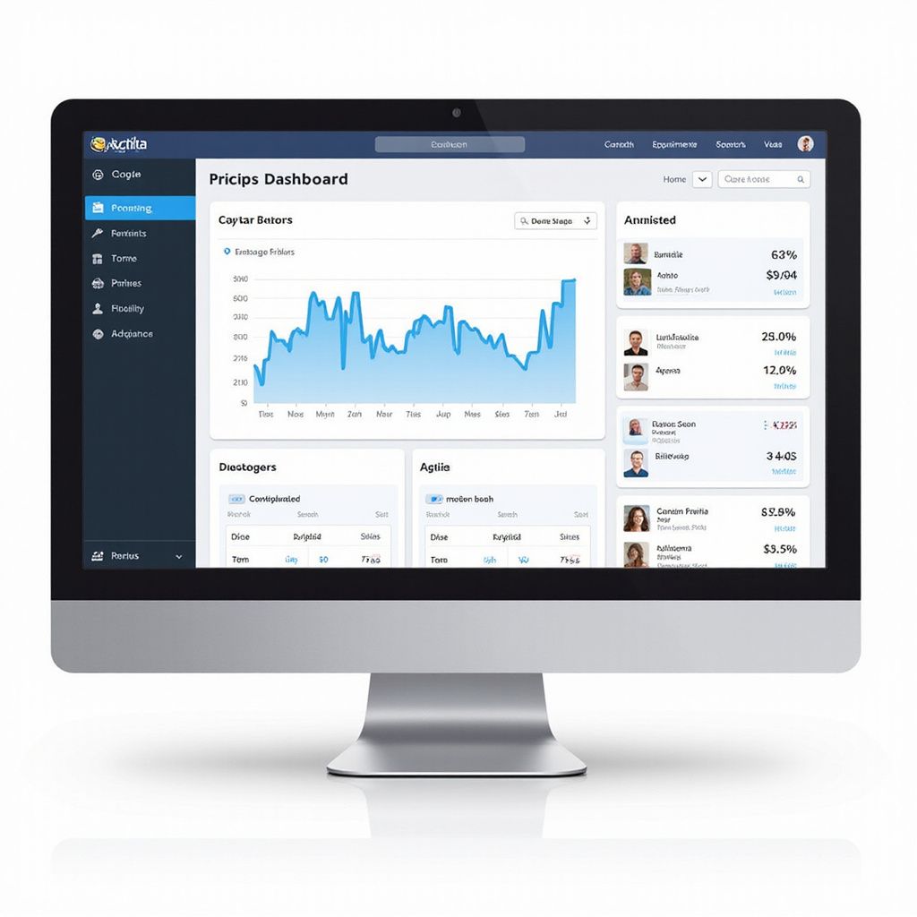 Tableau de bord sur un écran d'ordinateur affichant des données financières dans un schéma de couleurs bleu et blanc.