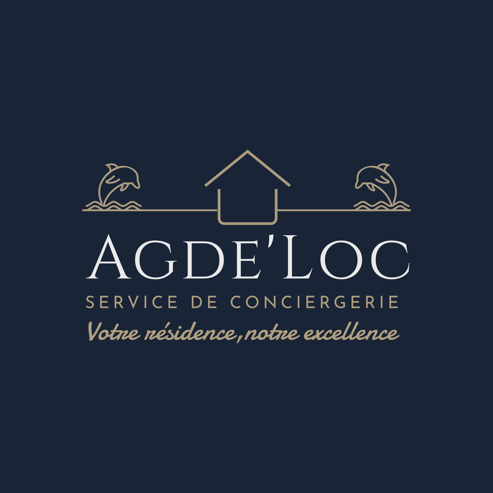 Logo pour le service de conciergerie Agde'Loc avec une maison, des dauphins et du texte sur fond bleu foncé.