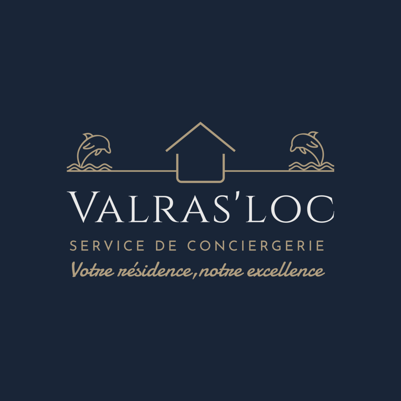 Logo pour « Valras'Loc », service de conciergerie. Représente une maison entre des dauphins bondissants. Texte doré sur fond bleu foncé.