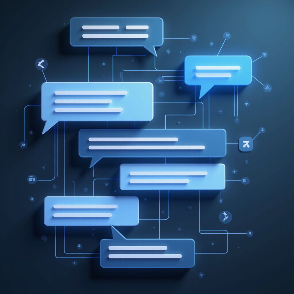 Des bulles de dialogue bleues reliées par des lignes, suggérant un réseau ou un flux de données, sur un fond sombre.