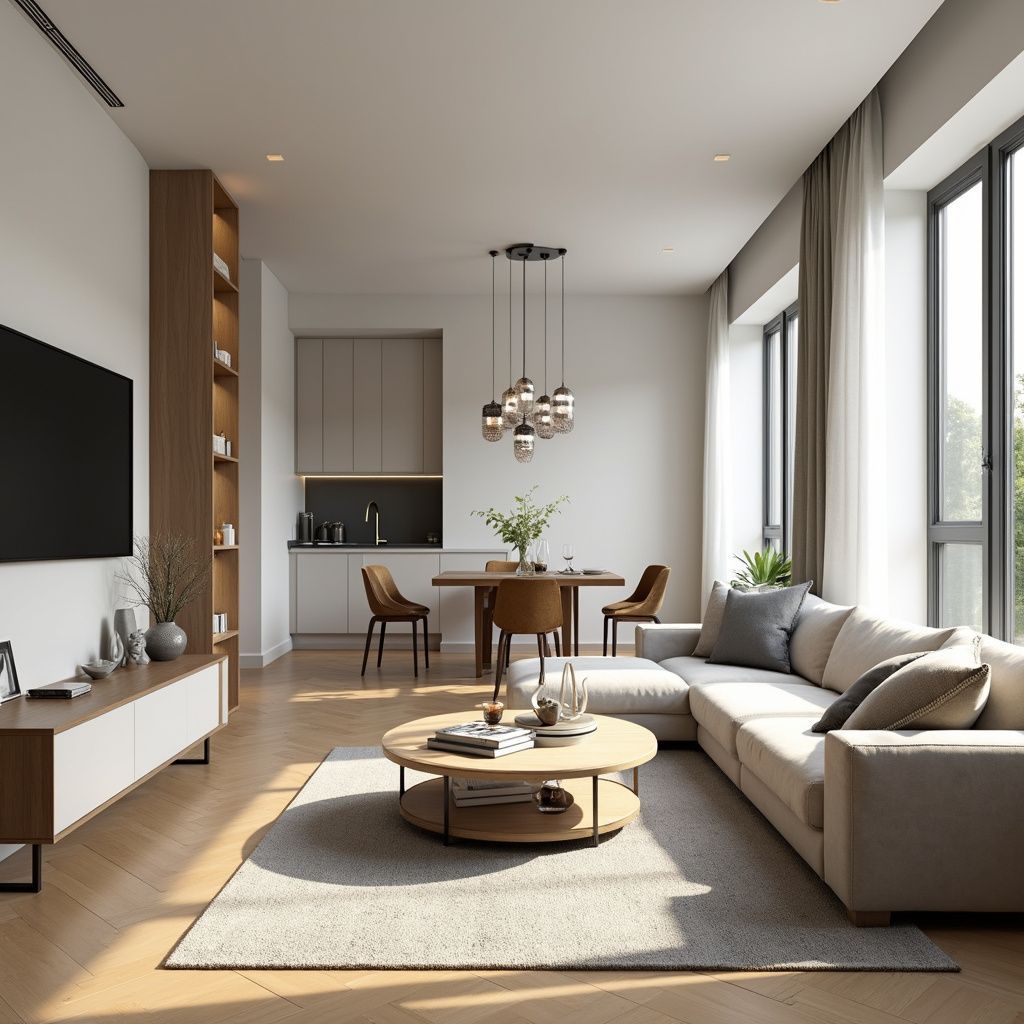 Salon moderne avec cuisine, coin repas et canapé d'angle ; parquet clair, tons neutres.