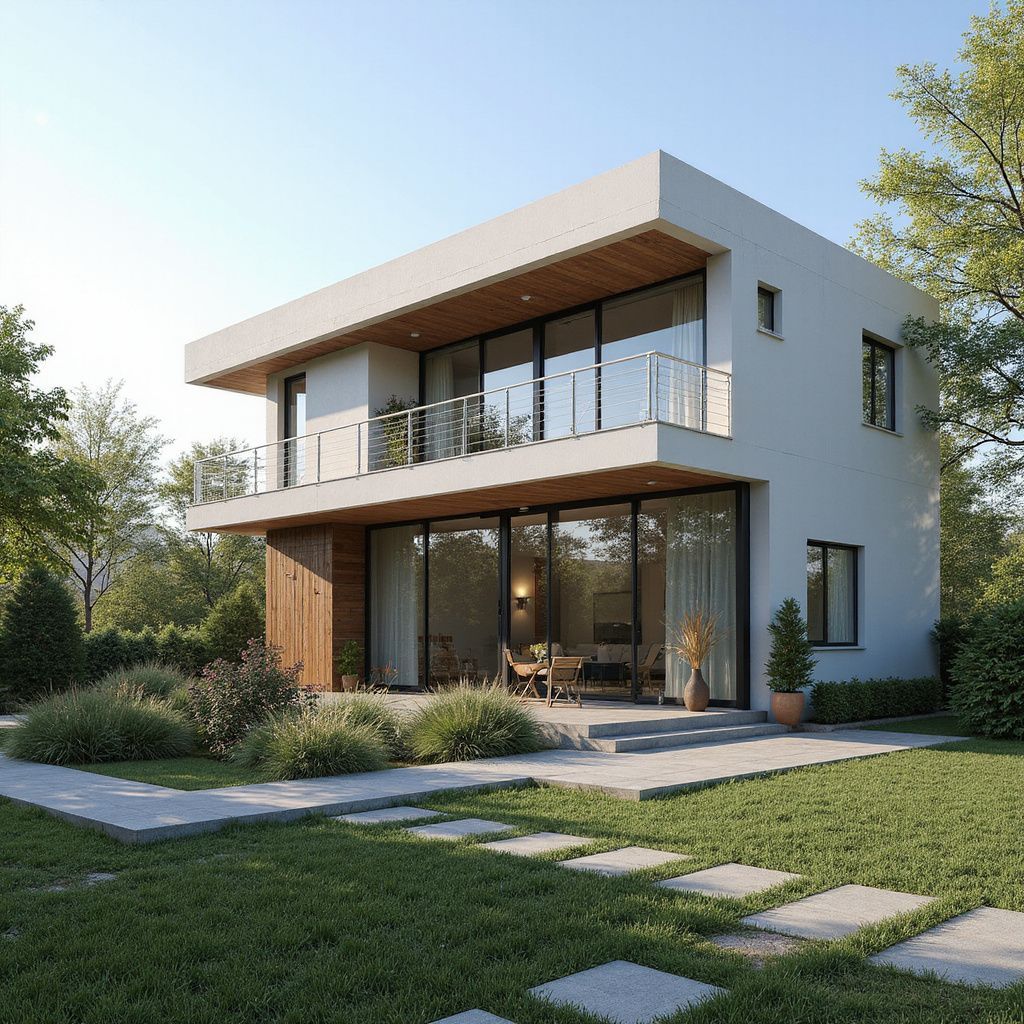 Maison moderne à deux étages avec murs de verre, balcon, éléments en bois et jardin paysager par une journée ensoleillée.