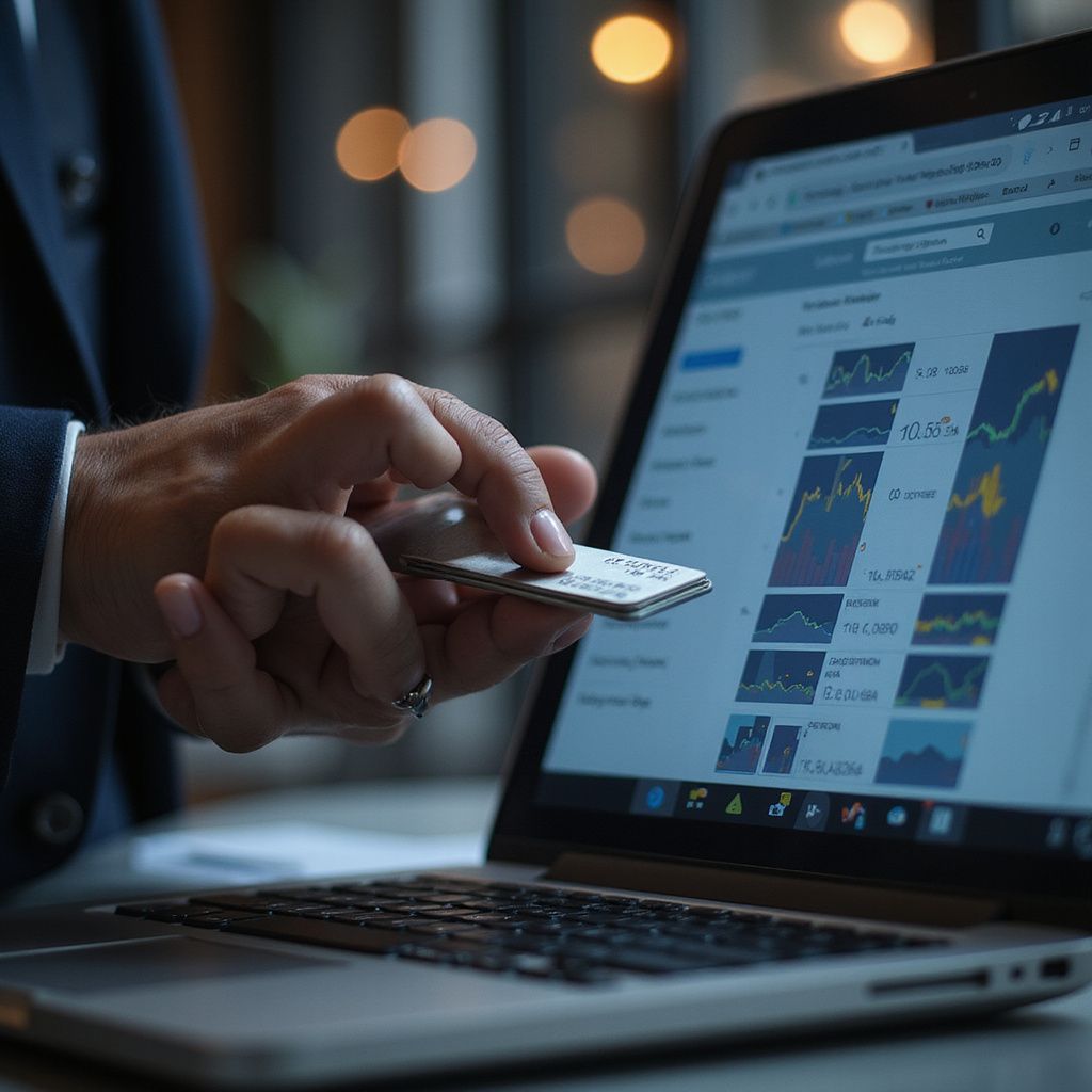 Une personne en costume désigne des graphiques sur l'écran d'un ordinateur portable, tout en tenant une petite carte.