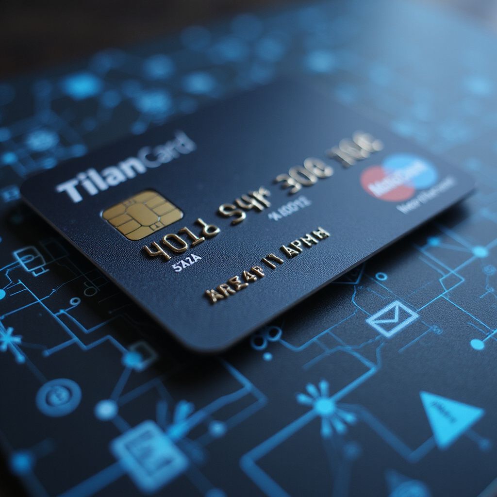 Carte de crédit TilanCard noire avec lettrage doré sur fond sombre, circuit imprimé bleu et logo Mastercard.