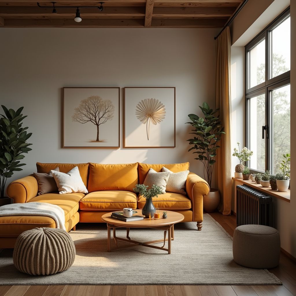 Salon avec canapé d'angle orange, deux reproductions d'art d'arbres dorés, des plantes et une fenêtre.