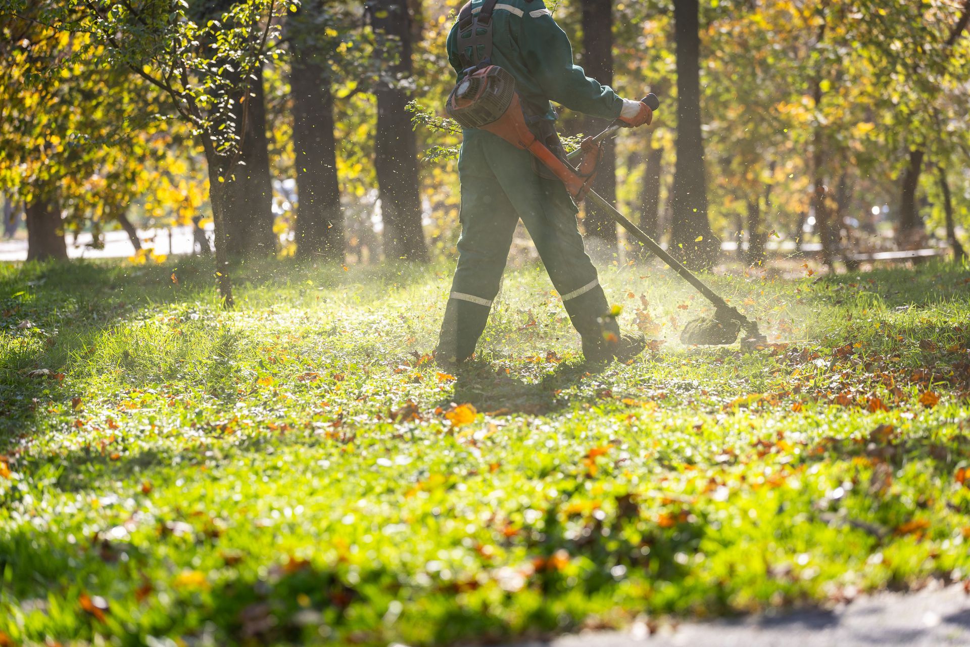 Un homme en train de passer un rotofil sur l'herbe.