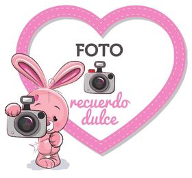 Un conejito rosa sostiene una cámara frente a un corazón rosa.
