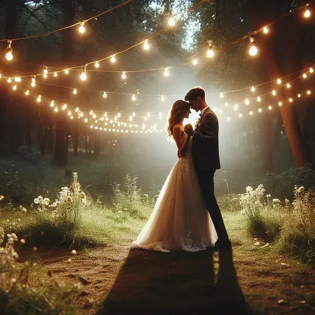 Una novia y un novio están bailando bajo una guirnalda de luces en el bosque.