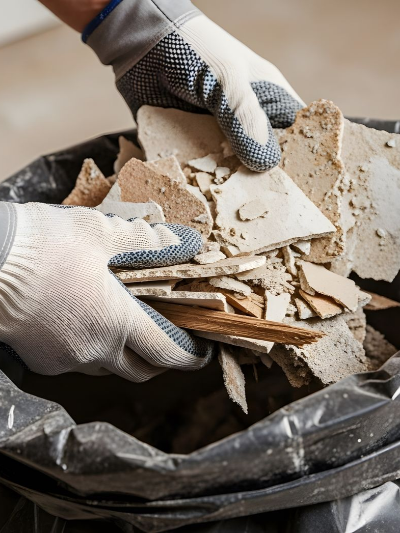 Mains dans des gants de travail remplissant un sac poubelle noir