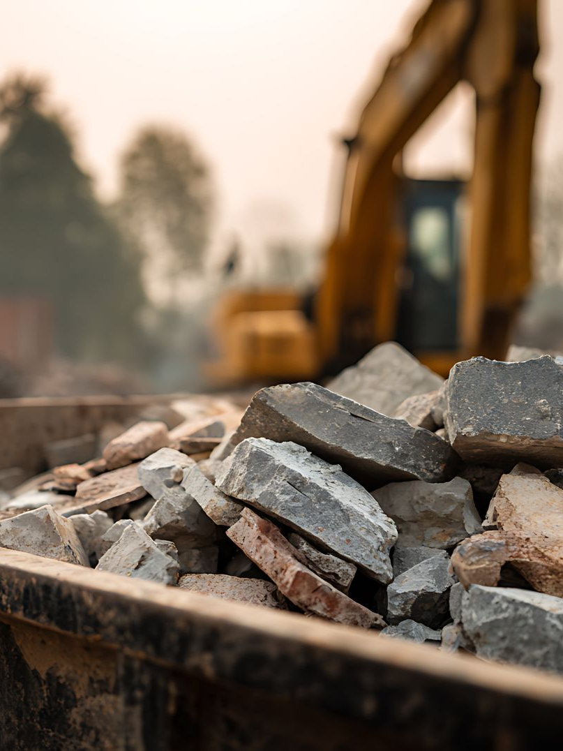 Roches et débris dans un conteneur en métal