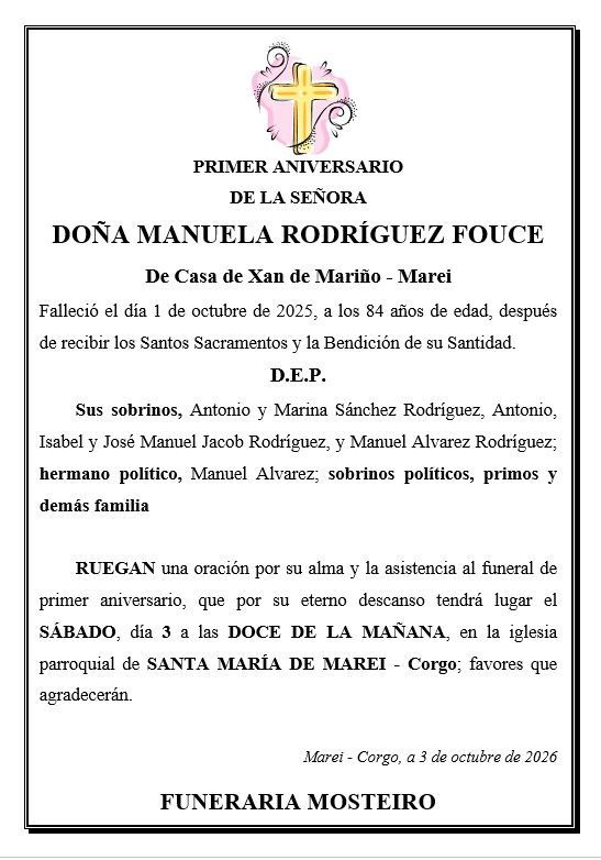 Un anuncio fúnebre en español para doña María Manuela Carlón Montes
