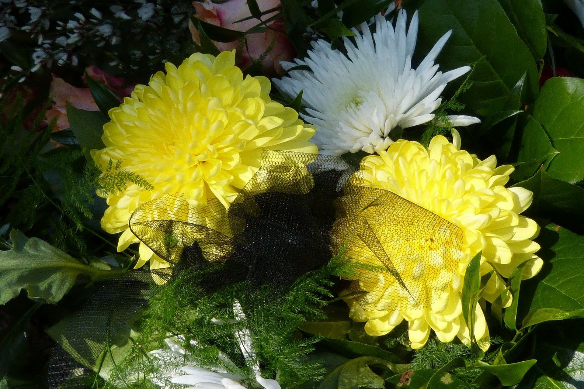 Bouquet funéraire composé de dahlias jaunes et blanches