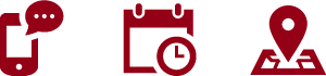 Pictogrammes représentant un téléphone, un calendrier et une carte.