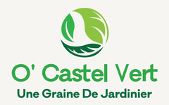 Page d'accueil Logo pour O' Castel Vert, une entreprise de jardinage, représentant des feuilles vertes dans un cercle et le texte « Une Graine De Jardinier ».