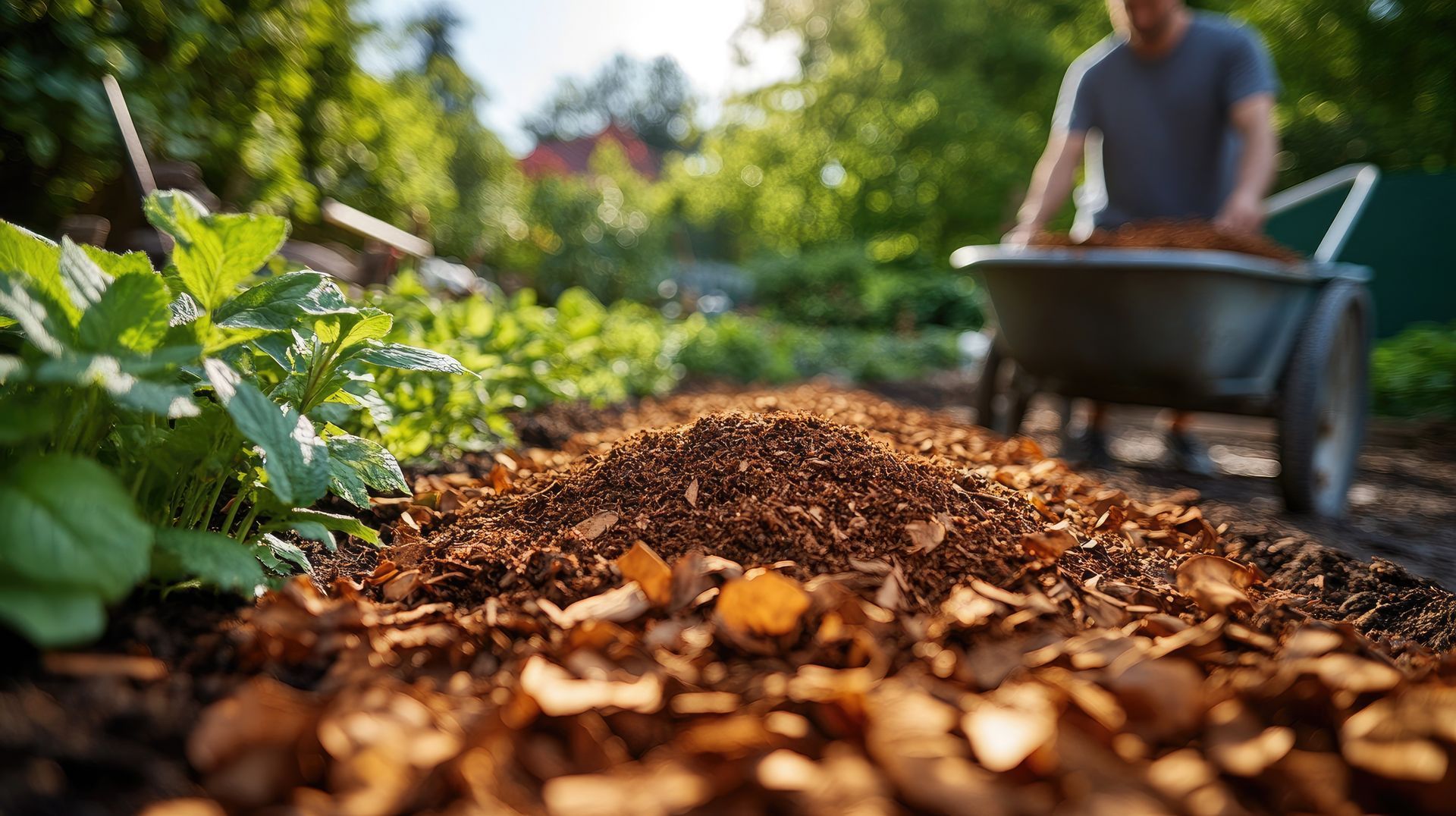 Un homme répand du paillis dans un jardin avec une brouette. Sous le soleil, gros plan sur le tas de paillis.