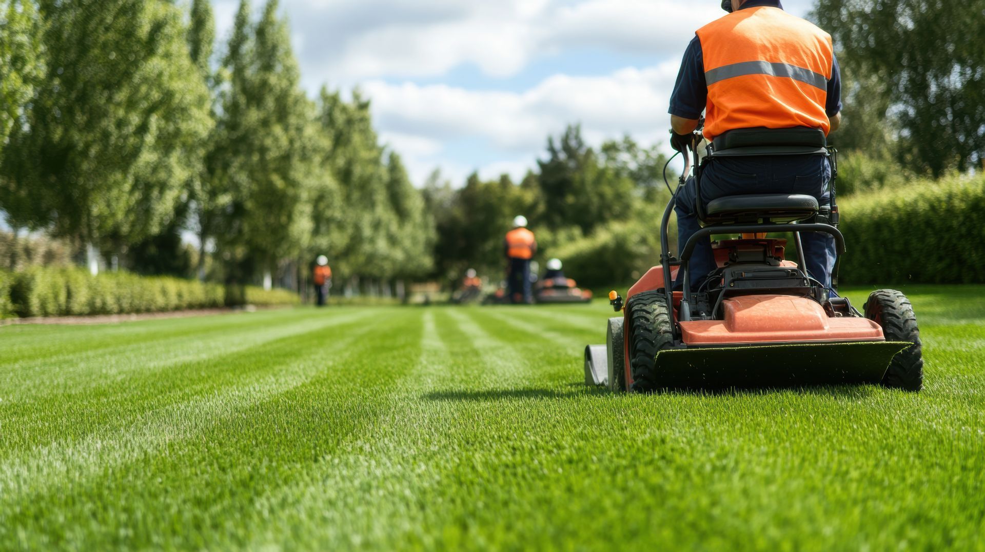 Un homme sur une tondeuse autoportée coupe l'herbe, avec d'autres travailleurs en arrière-plan, pelouse verte, ciel bleu.