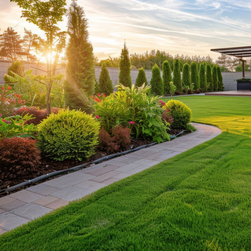 Un jardin bien entretenu avec un chemin en pierre, une verdure luxuriante et un soleil couchant.