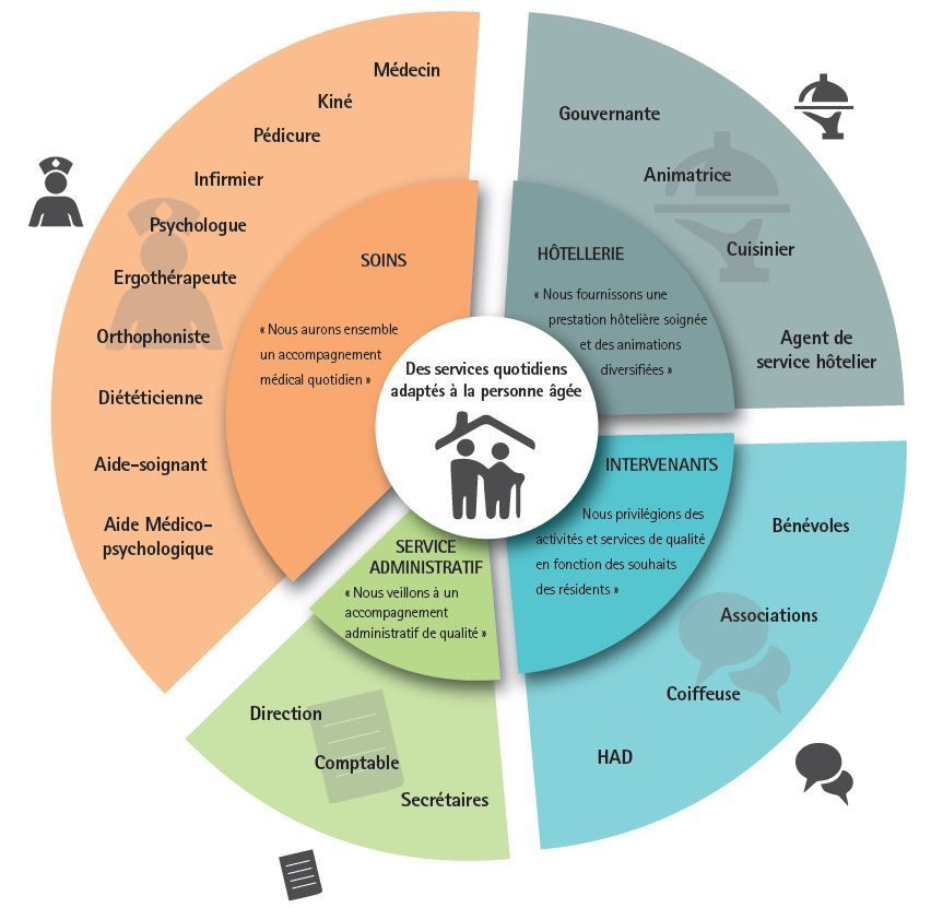 Un diagramme illustrant les différents services professionnels pour personnes âgées : soins, hôtellerie et administration.