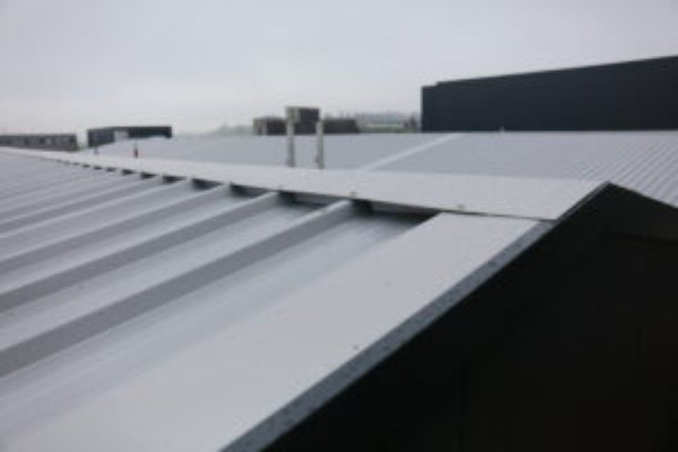 Metallenes Industriedach, hellgrau, mit Firsten und flachen Abschnitten; im Hintergrund bedeckter Himmel.