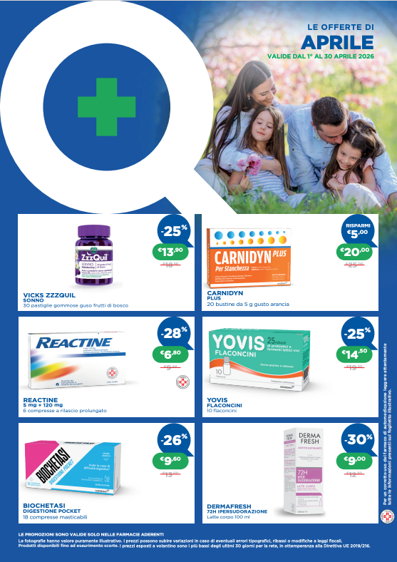 Volantino promozionale di una farmacia francese con offerte sui medicinali e una foto di famiglia all'interno di una grande lente d'ingrandimento blu.