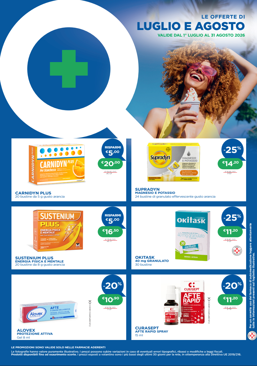 Volantino promozionale di una farmacia francese con offerte sui medicinali e una foto di famiglia all'interno di una grande lente d'ingrandimento blu.