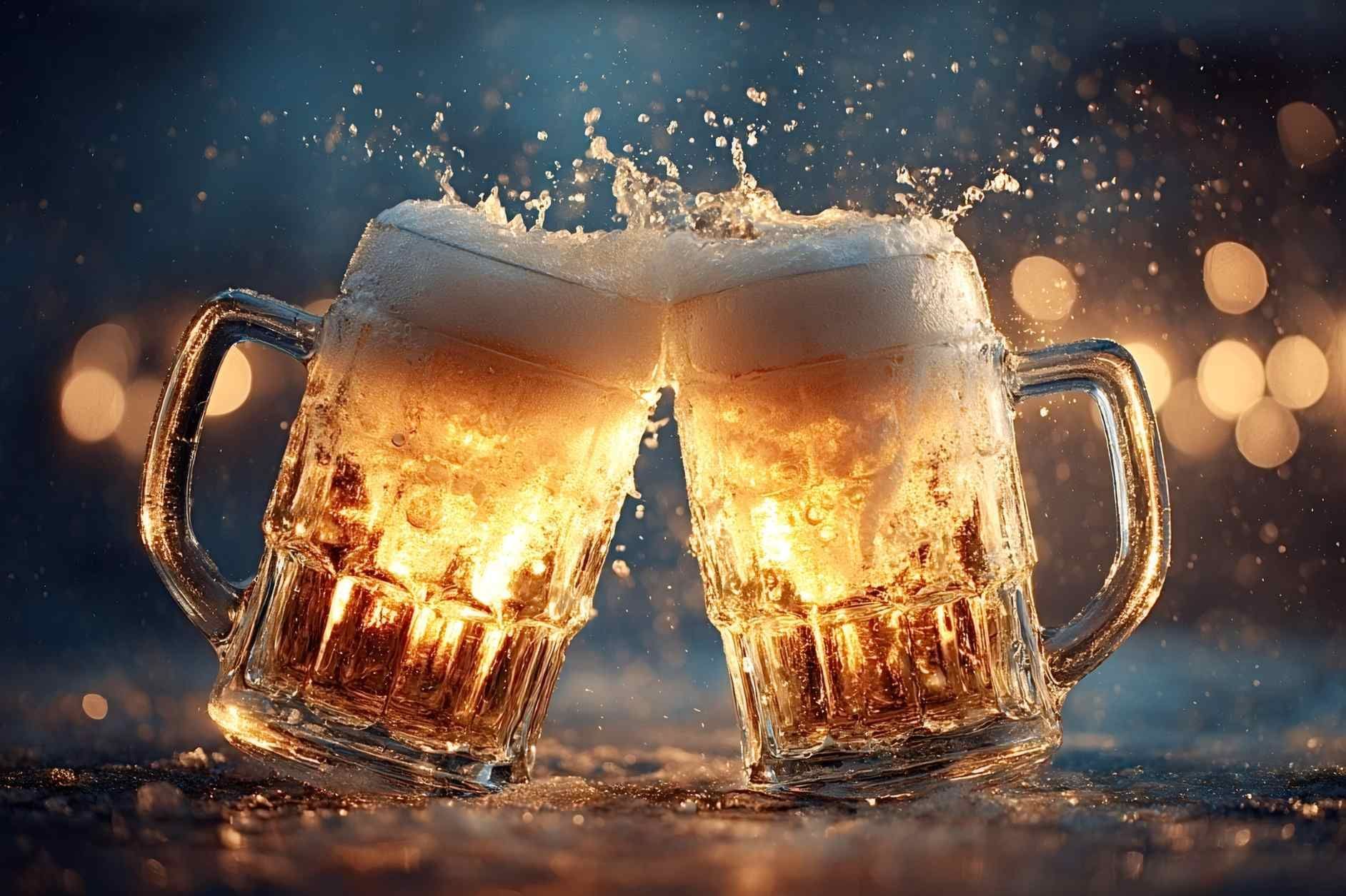 Dos jarras de cerveza heladas tintineando, la espuma dorada brillando contra un fondo nocturno borroso.