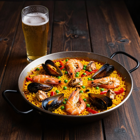 Paella de marisco con gambas y mejillones en una paellera, acompañada de un vaso de cerveza sobre una mesa de madera.