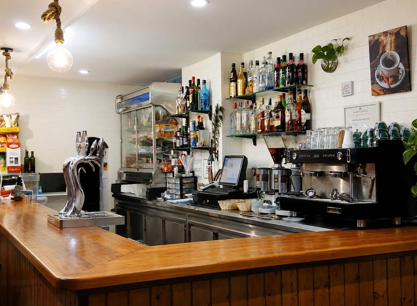 Acogedor café-bar con máquina de espresso, estantes para licores y barra de madera en un interior con iluminación cálida.