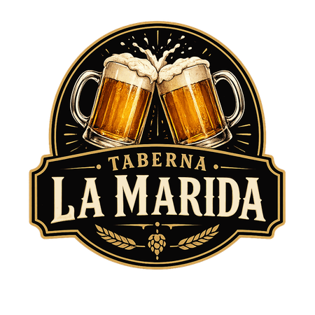 Dos jarras de cerveza espumosas tintineando bajo el texto “Taberna La Marida” sobre un fondo negro.