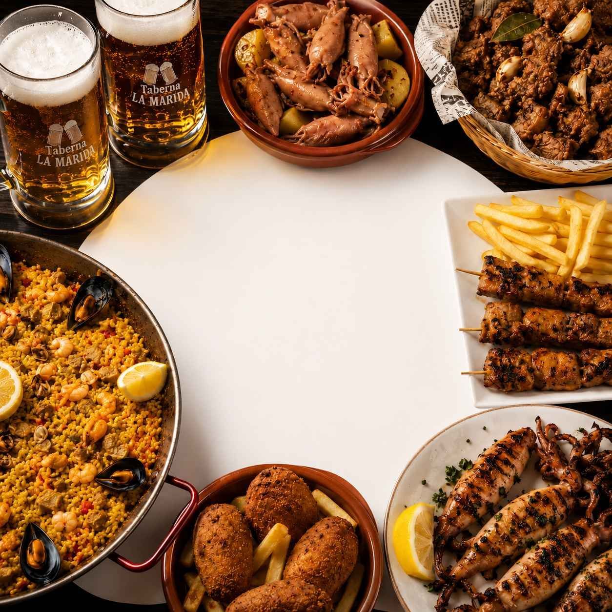 Sobre una mesa se sirve una selección de tapas españolas con cervezas, patatas fritas, croquetas, mejillones y brochetas.