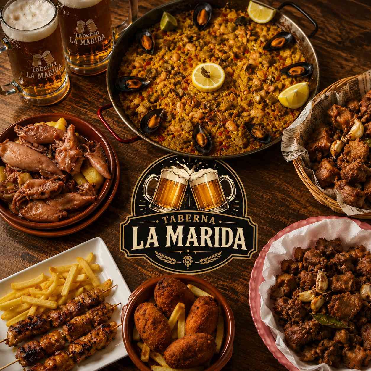 Tapas españolas dispuestas sobre una mesa de madera con paella, cervezas y platos fritos etiquetados.