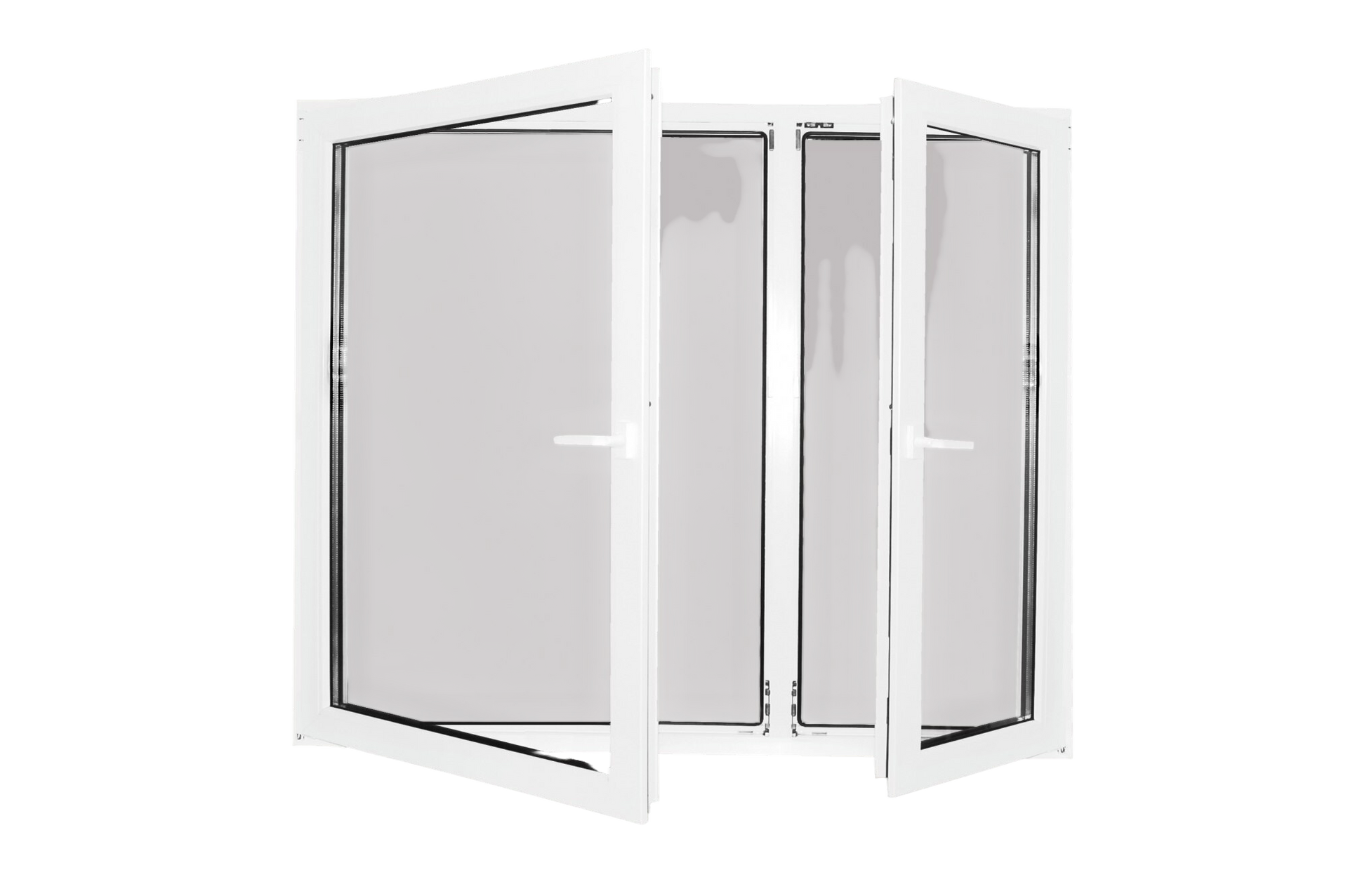 Fenêtre blanche à trois panneaux, deux panneaux ouverts, révélant du verre transparent.