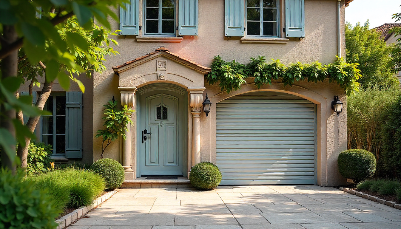 Extérieur de la maison avec une porte et une porte de garage bleu clair, des murs brun clair et des arbustes verts.