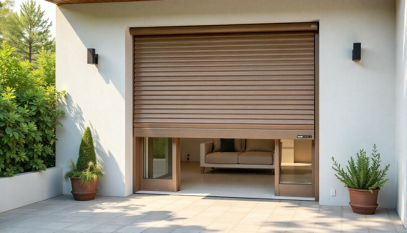 La porte de garage sectionnelle marron est entrouverte, laissant entrevoir un salon et un escalier.
