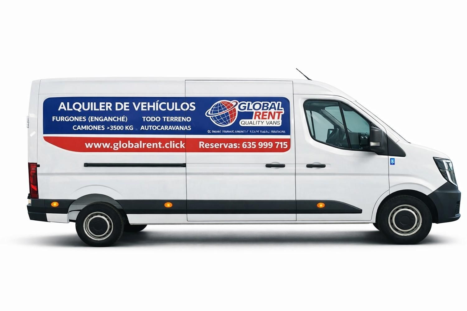 Furgoneta blanca con logo “Global Rent” para alquiler de vehículos.