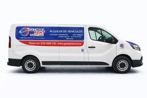 Furgoneta blanca con logo “GLOBAL RENT”, texto para alquiler de vehículos.