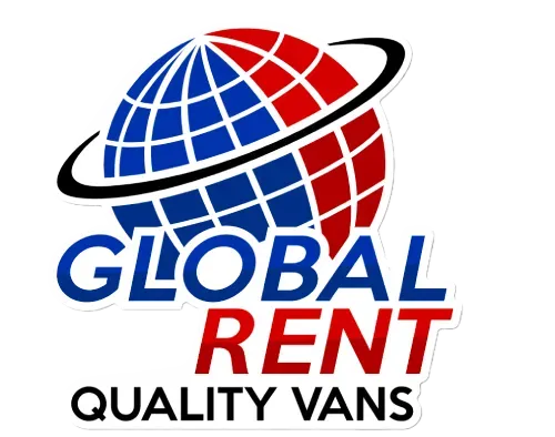 Logotipo de "Global Rent" que presenta un globo terr&aacute;queo dividido en secciones azules y rojas.