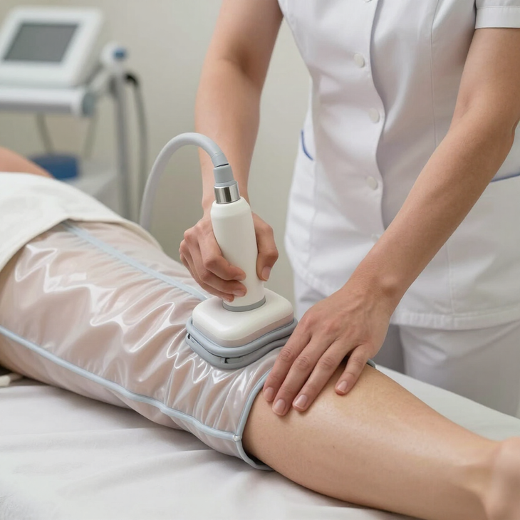 Tratamiento cosmético en la pierna con un dispositivo portátil en una clínica, mujer tumbada en una camilla de tratamiento.