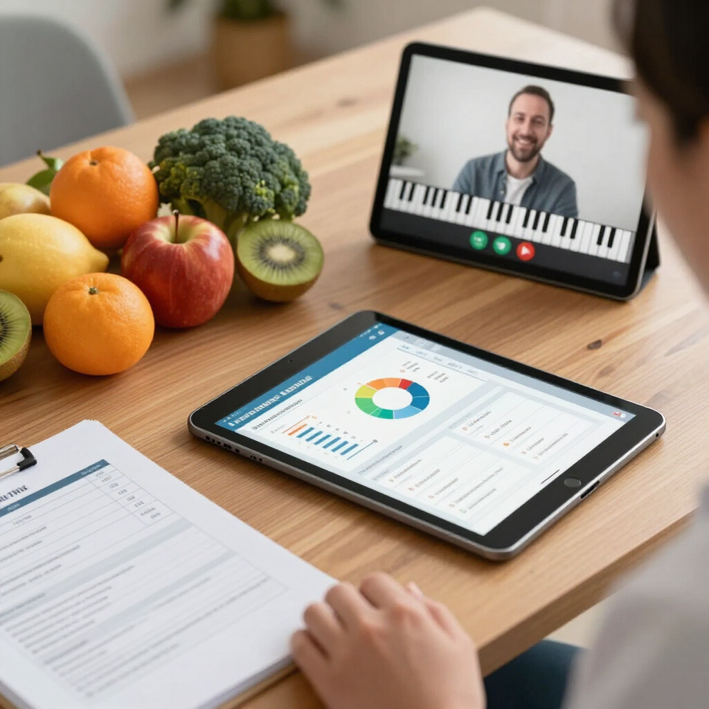 Escritorio con tableta que muestra una videollamada y un panel de análisis junto a fruta y documentos.