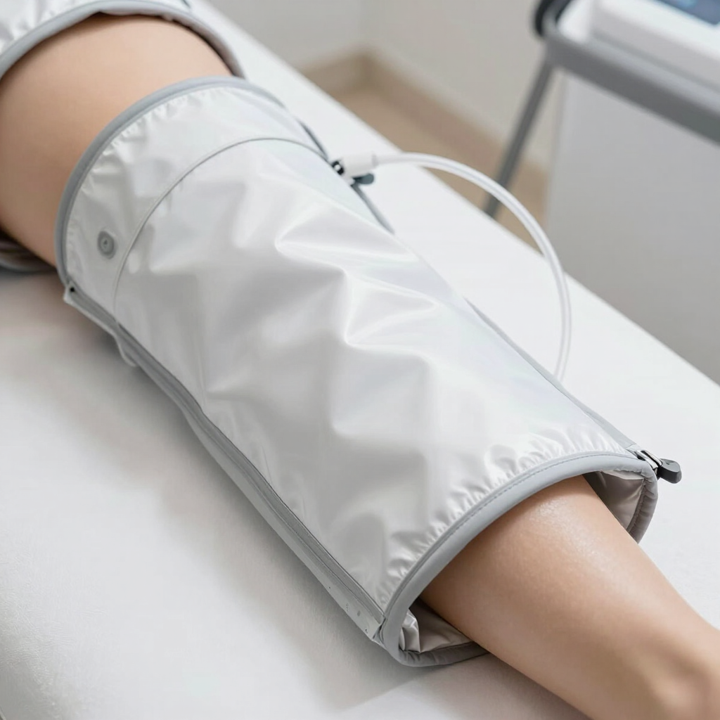 Un manguito blanco para medir la presión arterial está colocado alrededor de un brazo sobre una mesa de consulta.