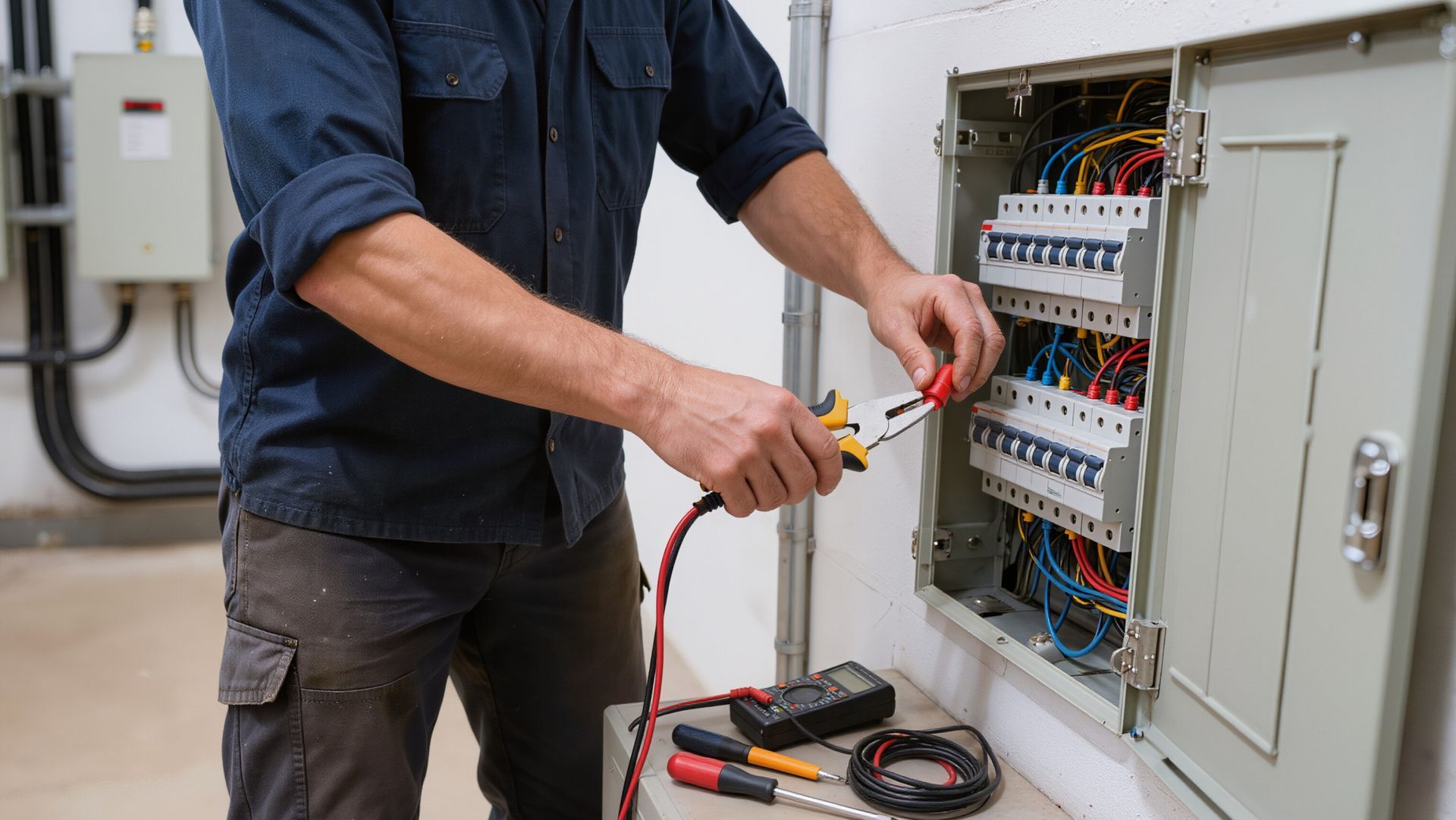 Ein Techniker prüft die Verkabelung in einem offenen Verteilerkasten mit einem Multimeter und Werkzeugen in der Nähe.