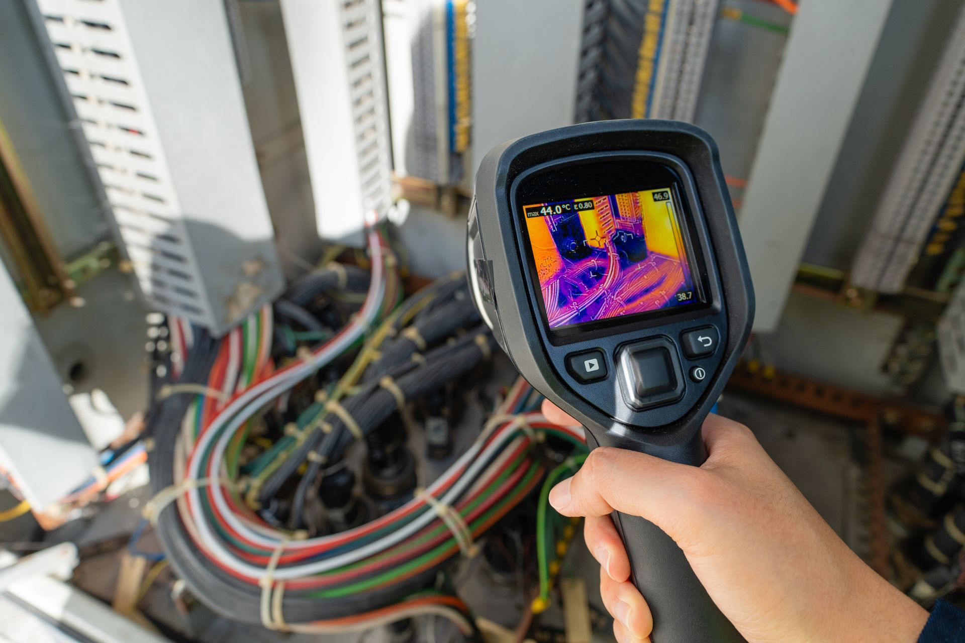 Handgeführte Wärmebildkamera scannt die elektrische Verkabelung in einem offenen Serverschrank.