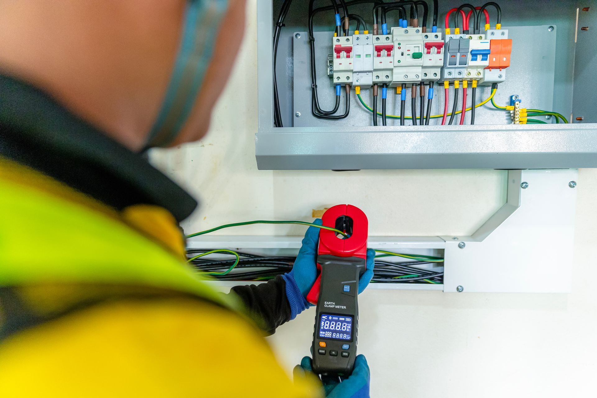 Elektriker prüft einen offenen Verteilerkasten mit einem Stromzangenmessgerät in einer Wanddose