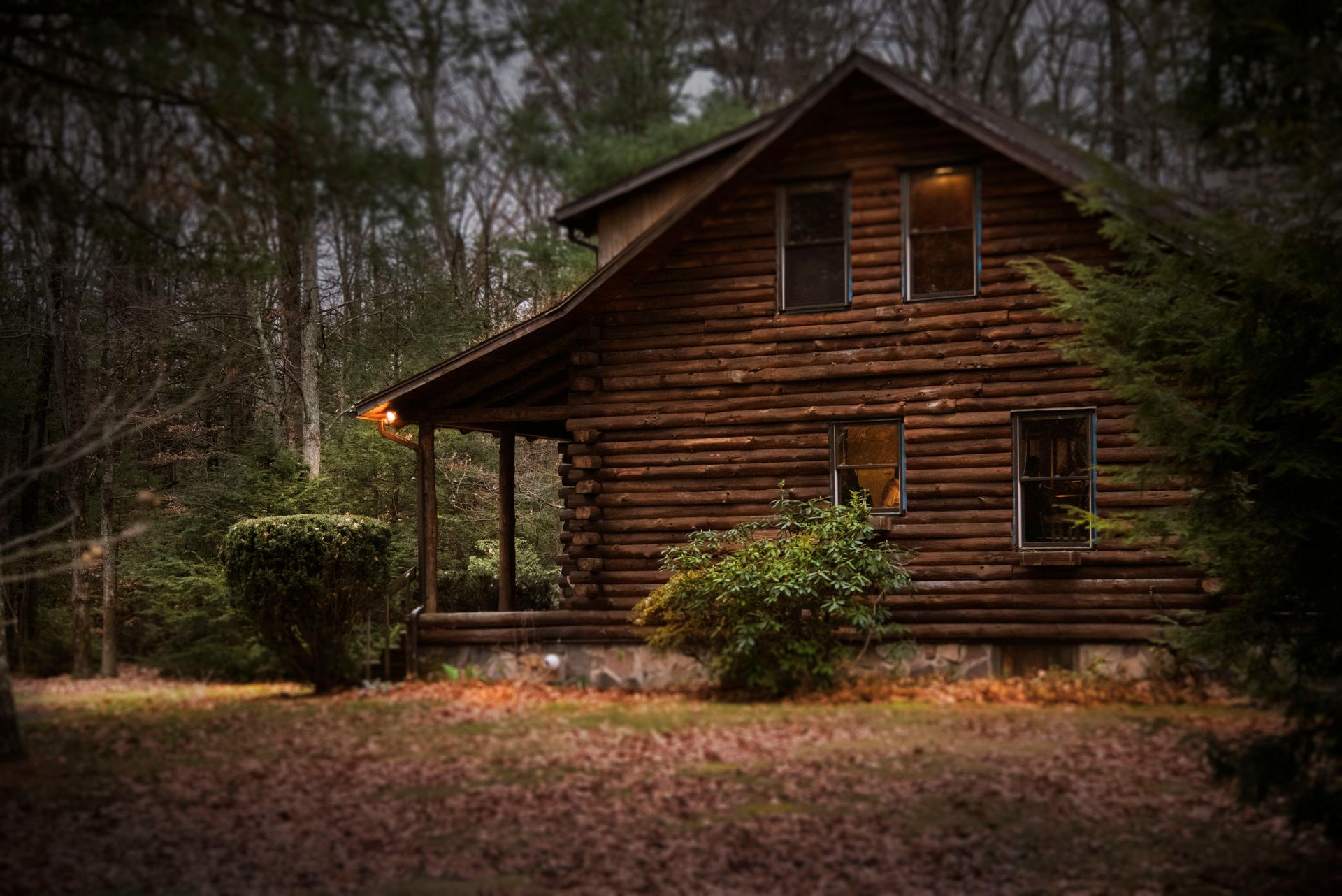 Log cabin in a forest setting, brown wood, porch, two-story, surrounded by trees and foliage.